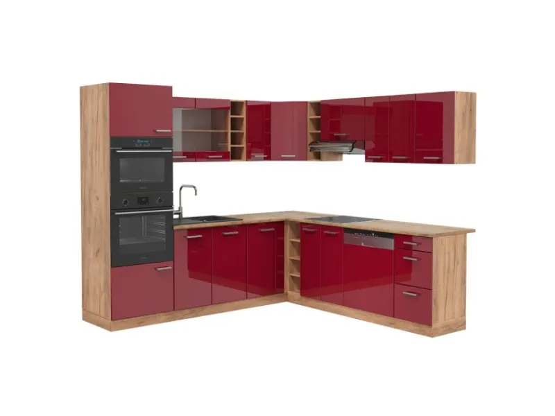 Sale Vicco R-Line Eckküche Bordeaux Hochglanz/Goldkraft Eiche 237 x 60 cm ohne Arbeitsplatte ohne E-Geräte Bordeaux-Glanz