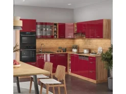 Sale Vicco R-Line Eckküche Bordeaux Hochglanz/Goldkraft Eiche 237 x 60 cm ohne Arbeitsplatte ohne E-Geräte Bordeaux-Glanz