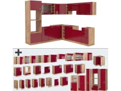 Sale Vicco R-Line Eckküche Bordeaux Hochglanz/Goldkraft Eiche 237 x 60 cm ohne Arbeitsplatte ohne E-Geräte Bordeaux-Glanz