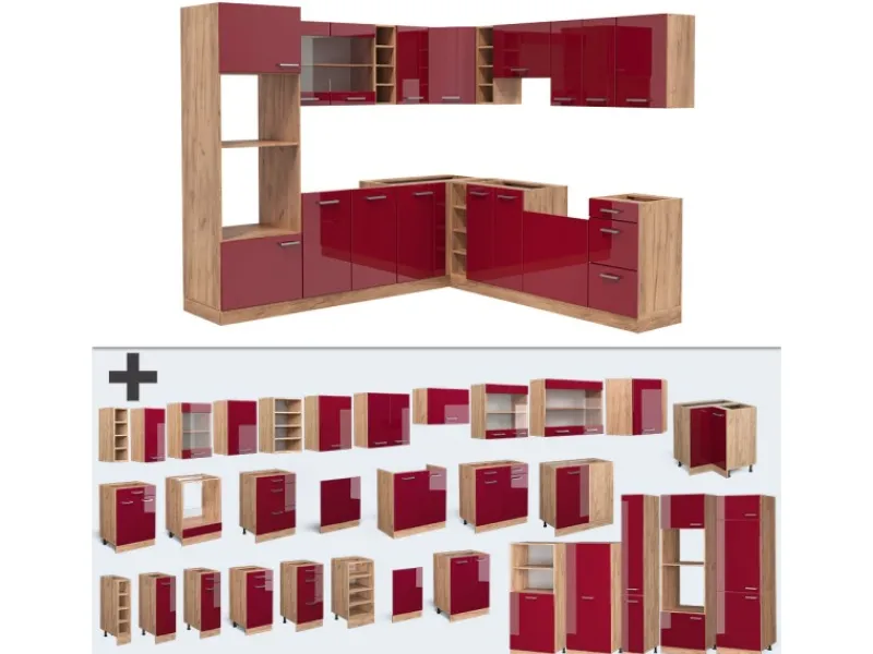 Sale Vicco R-Line Eckküche Bordeaux Hochglanz/Goldkraft Eiche 237 x 60 cm ohne Arbeitsplatte ohne E-Geräte Bordeaux-Glanz