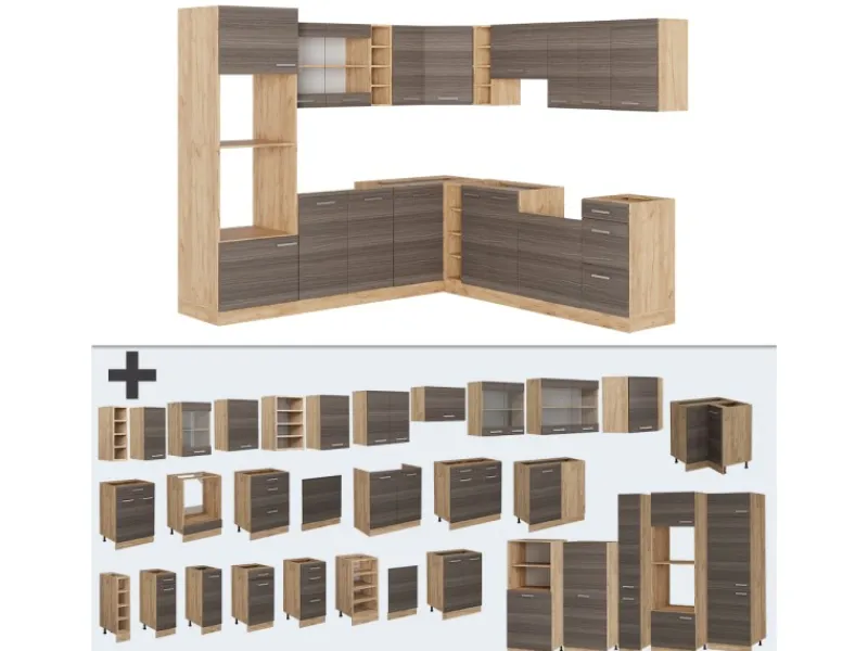 Best Vicco R-Line Eckküche /Goldkraft Eiche 237 x 247 cm AP Marmor ohne E-Geräte Edelgrau