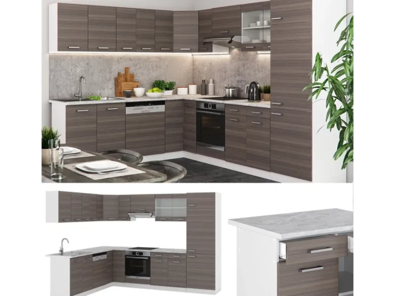 Vicco R-Line Eckküche /Weiß 227 x 287 cm AP Eiche ohne E-Geräte Edelgrau