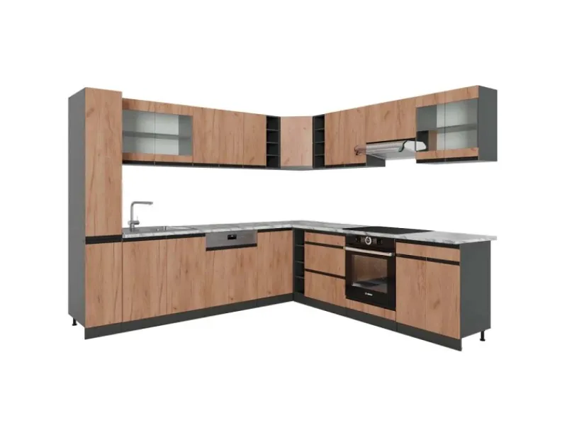 Winkelküchen<Vicco R-Line Eckküche Goldkraft Eiche/Anthrazit 257 x 277 cm J-ShapeAP Marmor ohne E-Geräte