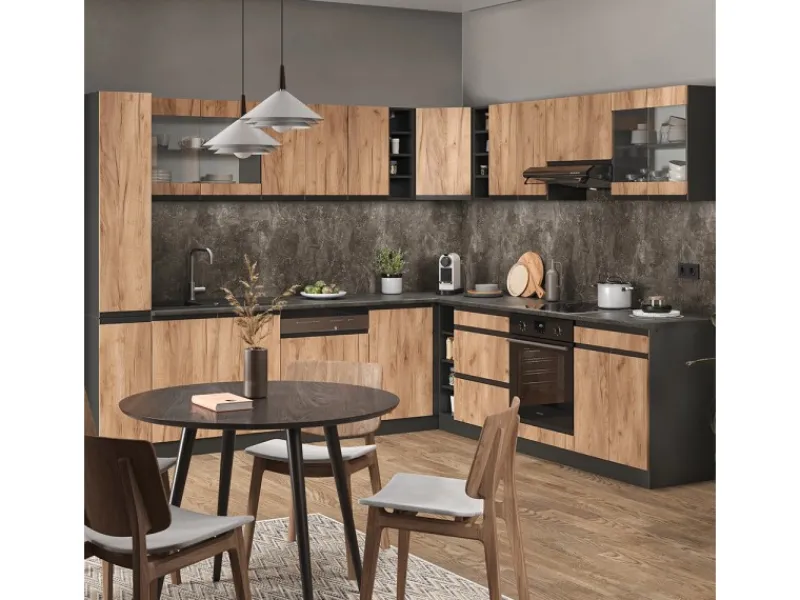 Winkelküchen<Vicco R-Line Eckküche Goldkraft Eiche/Anthrazit 257 x 277 cm J-ShapeAP Marmor ohne E-Geräte
