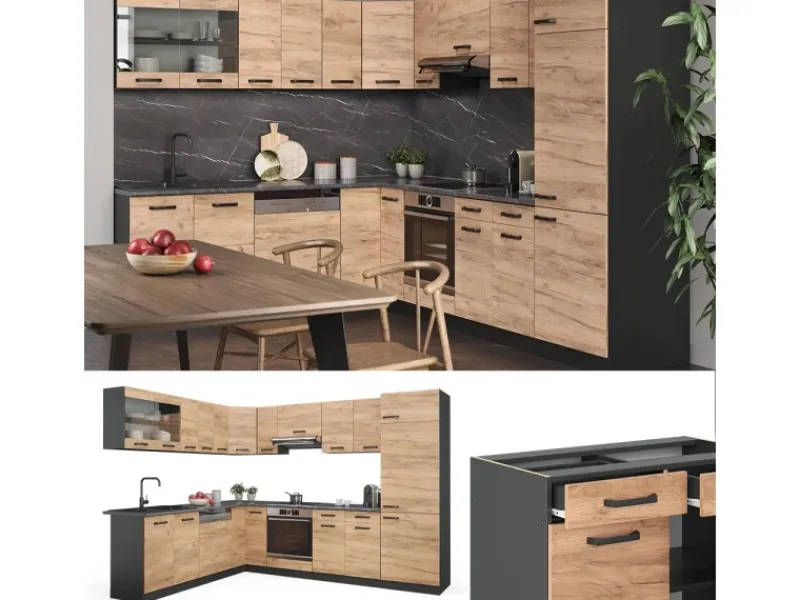 Vicco R-Line Eckküche Goldkraft Eiche/Anthrazit 227 x 287 cm AP Eiche ohne E-Geräte< Winkelküchen
