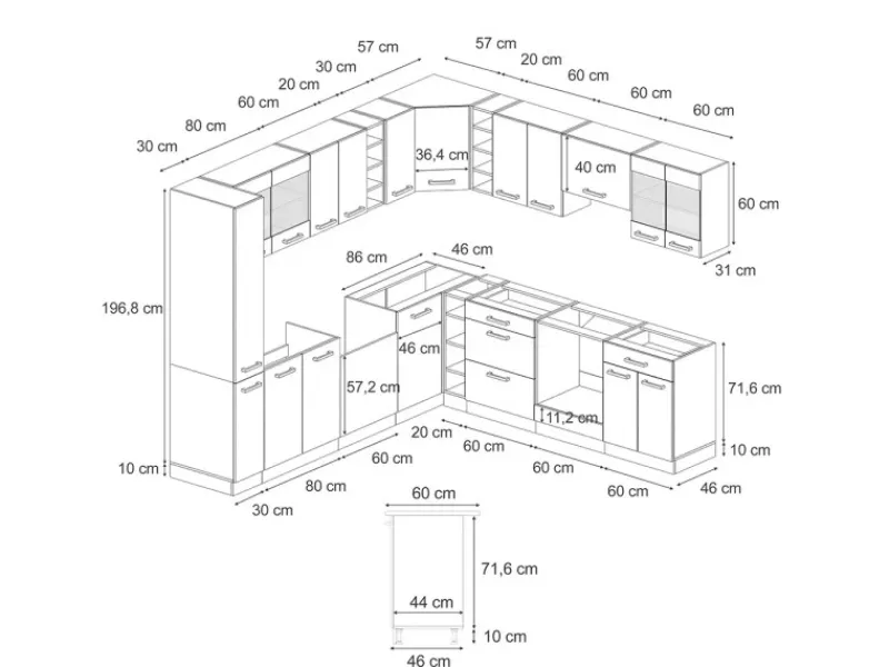 Winkelküchen<Vicco R-Line Eckküche 257 x 60 cm J-Shapeohne Arbeitsplatte ohne E-Geräte