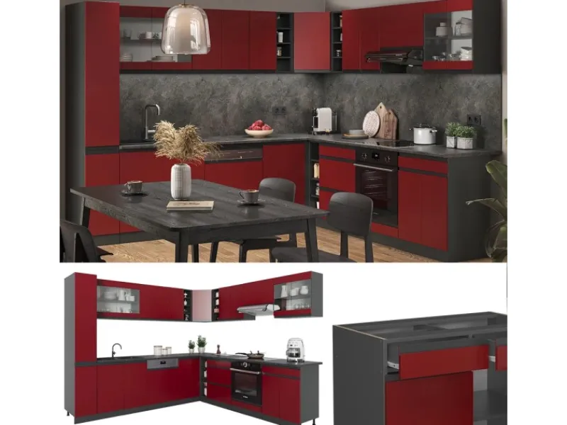 Herde|Winkelküchen<Vicco R-Line Eckküche /Anthrazit 257 x 277 cm J-ShapeAP Anthrazit ohne E-Geräte