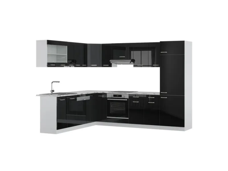 Online Vicco R-Line Eckküche Schwarz Hochglanz 227 x 287 cm AP Marmor ohne E-Geräte Schwarz Glänzend