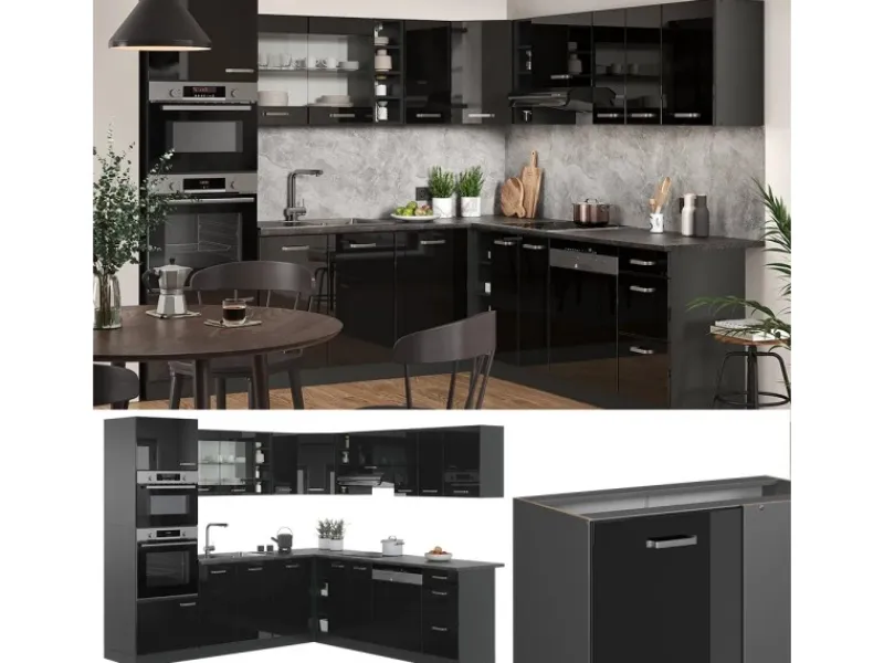 Sale Vicco R-Line Eckküche /Anthrazit 237 x 247 cm AP Eiche ohne E-Geräte Schwarz Hochglanz