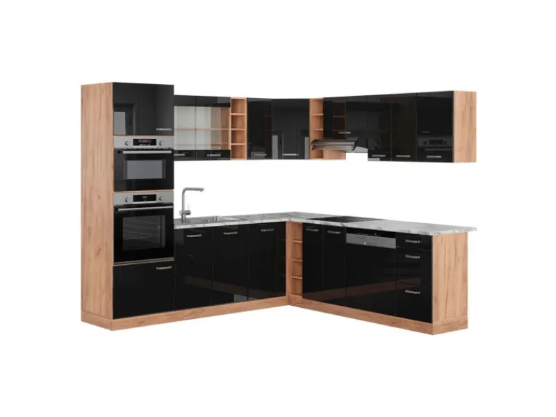 Winkelküchen|Einbauküchen<Vicco R-Line Eckküche /Goldkraft Eiche 237 x 247 cm AP Marmor ohne E-Geräte