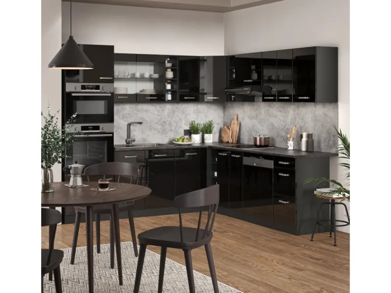 Vicco R-Line Eckküche /Anthrazit 237 x 247 cm AP Marmor ohne E-Geräte Schwarz Hochglanz