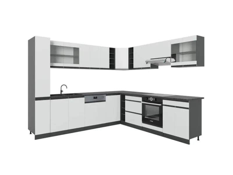 New Vicco R-Line Eckküche 257 x 60 cm J-Shapeohne Arbeitsplatte ohne E-Geräte Weiß