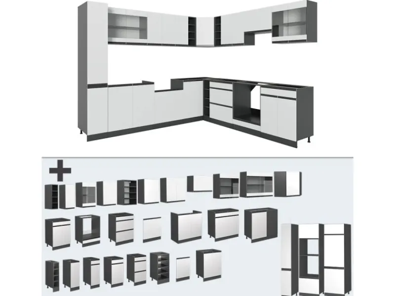 New Vicco R-Line Eckküche 257 x 60 cm J-Shapeohne Arbeitsplatte ohne E-Geräte Weiß