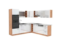 Vicco R-Line Eckküche Weiß Hochglanz/Goldkraft Eiche 237 x 247 cm AP Marmor ohne E-Geräte< Winkelküchen