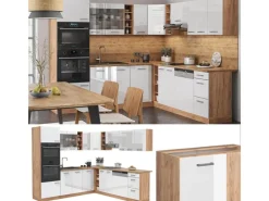 Vicco R-Line Eckküche Weiß Hochglanz/Goldkraft Eiche 237 x 247 cm AP Marmor ohne E-Geräte< Winkelküchen