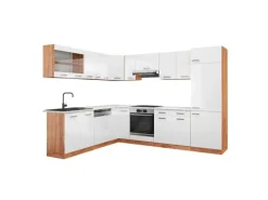 Outlet Vicco R-Line Eckküche Weiß Hochglanz/Goldkraft Eiche 227 x 287 cm AP Marmor ohne E-Geräte Hochglanz Weiß