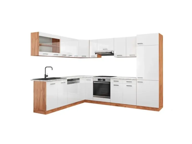 Outlet Vicco R-Line Eckküche Weiß Hochglanz/Goldkraft Eiche 227 x 287 cm AP Marmor ohne E-Geräte Hochglanz Weiß