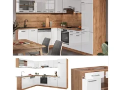 Outlet Vicco R-Line Eckküche Weiß Hochglanz/Goldkraft Eiche 227 x 287 cm AP Marmor ohne E-Geräte Hochglanz Weiß