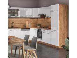 Outlet Vicco R-Line Eckküche Weiß Hochglanz/Goldkraft Eiche 227 x 287 cm AP Marmor ohne E-Geräte Hochglanz Weiß