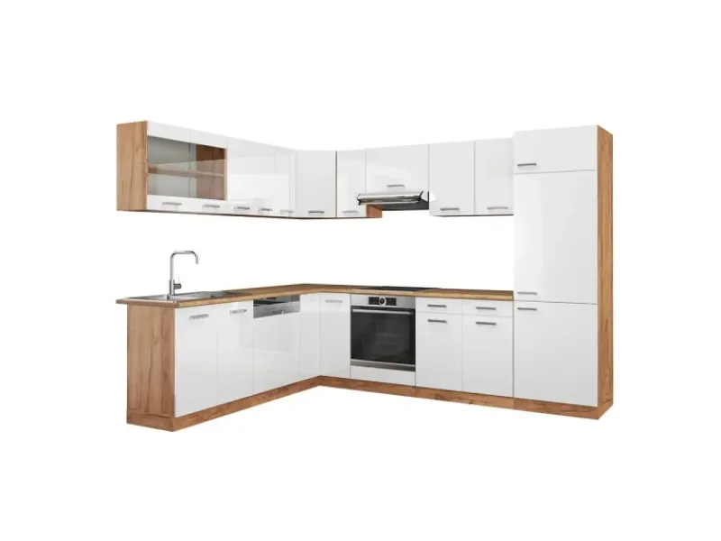 Discount Vicco R-Line Eckküche Weiß Hochglanz/Goldkraft Eiche 227 x 287 cm ohne Arbeitsplatte ohne E-Geräte Hochglanz Weiß