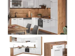 Discount Vicco R-Line Eckküche Weiß Hochglanz/Goldkraft Eiche 227 x 287 cm ohne Arbeitsplatte ohne E-Geräte Hochglanz Weiß