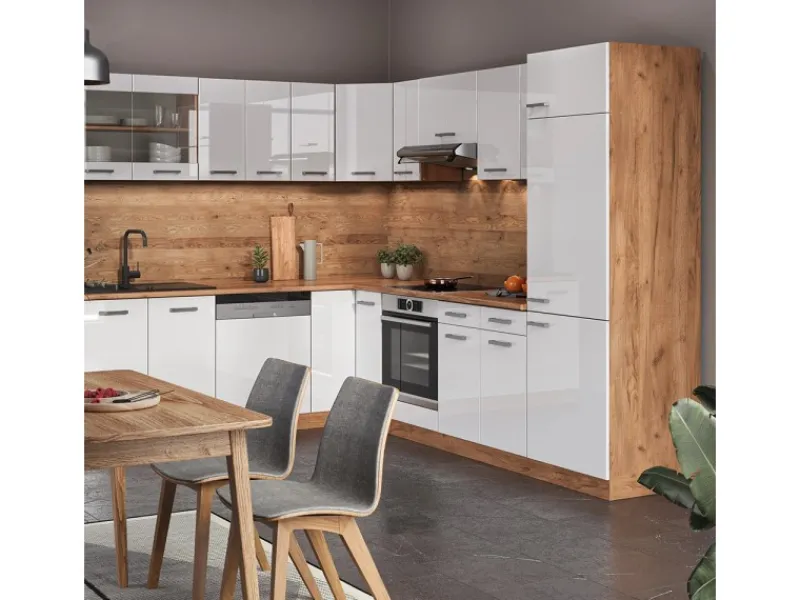 Discount Vicco R-Line Eckküche Weiß Hochglanz/Goldkraft Eiche 227 x 287 cm ohne Arbeitsplatte ohne E-Geräte Hochglanz Weiß