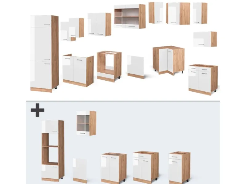 Discount Vicco R-Line Eckküche Weiß Hochglanz/Goldkraft Eiche 227 x 287 cm ohne Arbeitsplatte ohne E-Geräte Hochglanz Weiß
