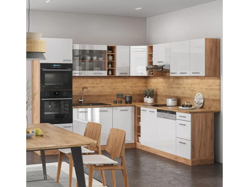 Vicco R-Line Eckküche Weiß Hochglanz/Goldkraft Eiche 237 x 60 cm ohne Arbeitsplatte ohne E-Geräte< Winkelküchen