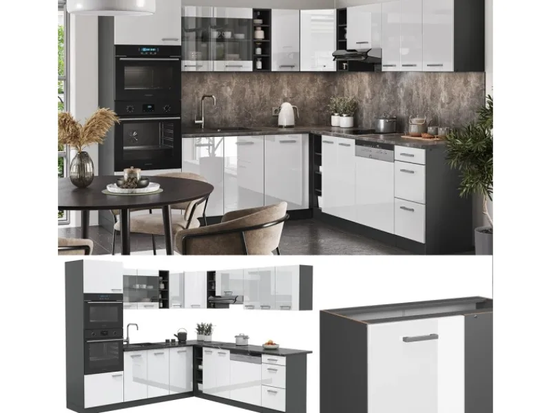 Vicco R-Line Eckküche /Anthrazit 237 x 60 cm ohne Arbeitsplatte ohne E-Geräte Weiß Hochglanz