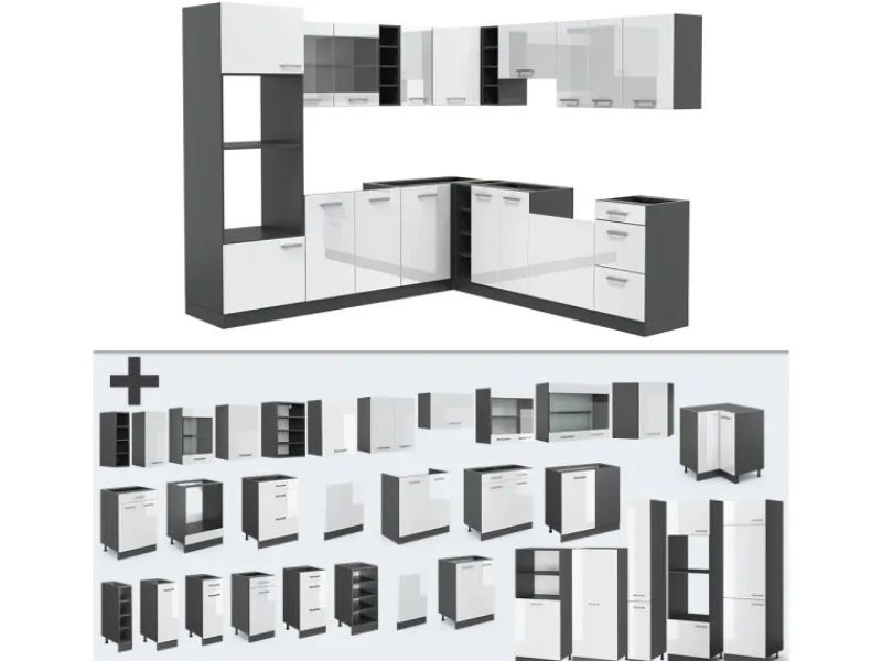 Vicco R-Line Eckküche /Anthrazit 237 x 60 cm ohne Arbeitsplatte ohne E-Geräte Weiß Hochglanz