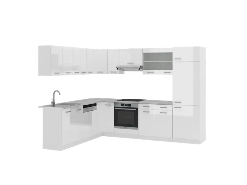 Clearance Vicco R-Line Eckküche Hochglanz/ 227 x 287 cm AP Marmor ohne E-Geräte Weiß