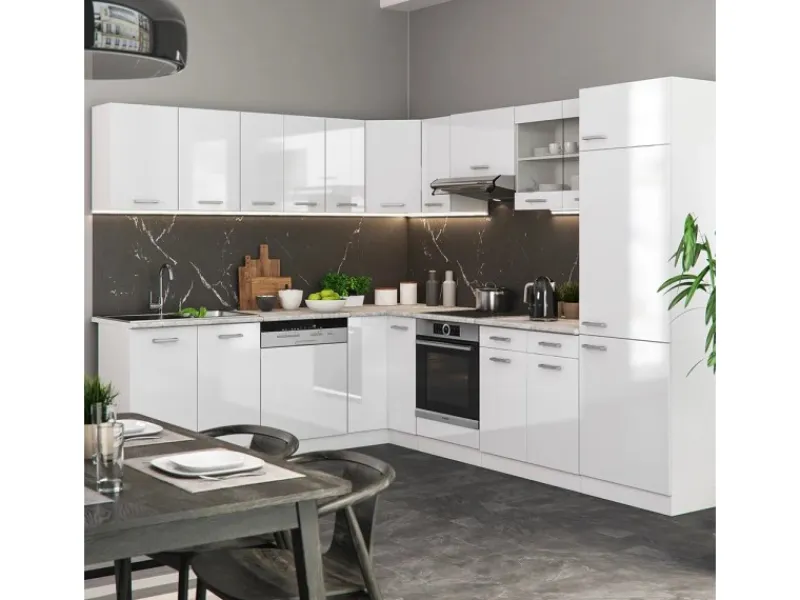 Clearance Vicco R-Line Eckküche Hochglanz/ 227 x 287 cm AP Marmor ohne E-Geräte Weiß