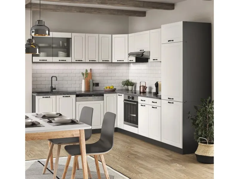 Winkelküchen<Vicco R-Line Eckküche Weiß Landhaus/Anthrazit 227 x 287 cm AP Eiche ohne E-Geräte