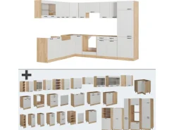 Discount Vicco R-Line Eckküche Weiß Landhaus/Goldkraft Eiche 227 x 287 cm AP Marmor ohne E-Geräte Weiß Struktur