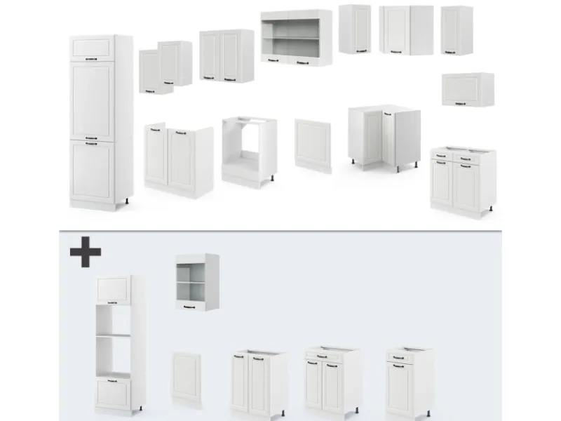 Winkelküchen<Vicco R-Line Eckküche Weiß Landhaus/Weiß 227 x 287 cm ohne Arbeitsplatte ohne E-Geräte