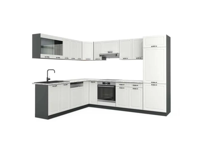 Winkelküchen<Vicco R-Line Eckküche Weiß Landhaus/Anthrazit 227 x 287 cm AP Marmor ohne E-Geräte