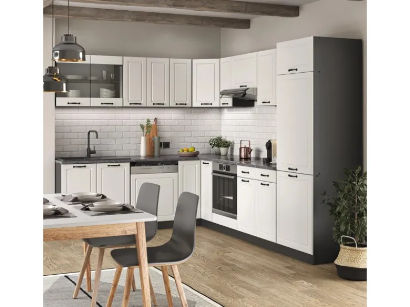 Winkelküchen<Vicco R-Line Eckküche Weiß Landhaus/Anthrazit 227 x 287 cm AP Marmor ohne E-Geräte