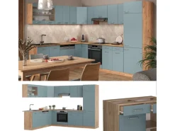 Vicco R-Line Einbauküche Blau-Grau/Goldkraft Eiche 227 x 287 cm ohne Arbeitsplatte ohne E-Geräte< Winkelküchen