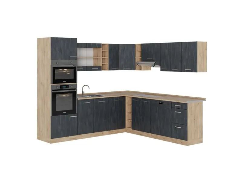 Winkelküchen|Einbauküchen<Vicco R-Line Einbauküche in L-Form Schwarz Beton/Goldkraft Eiche 237 x 247 cm AP Eiche ohne E-Geräte