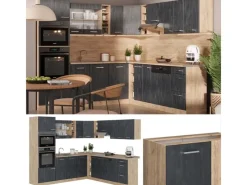Winkelküchen|Einbauküchen<Vicco R-Line Einbauküche in L-Form Schwarz Beton/Goldkraft Eiche 237 x 247 cm AP Eiche ohne E-Geräte