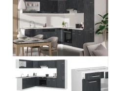 Winkelküchen|Einbauküchen<Vicco R-Line Einbauküche in L-Form Schwarz Beton/Weiß 227 x 287 cm AP Marmor ohne E-Geräte