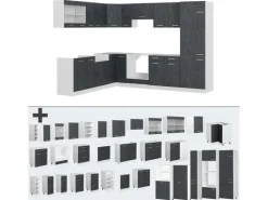 Outlet Vicco R-Line Einbauküche in L-Form Schwarz Beton/Weiß 227 x 287 cm AP Eiche ohne E-Geräte Beton Dunkelgrau
