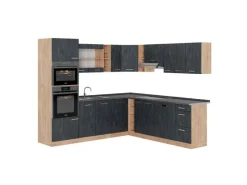 New Vicco R-Line Einbauküche in L-Form Schwarz Beton/Goldkraft Eiche 237 x 247 cm AP Anthrazit ohne E-Geräte Beton Dunkelgrau