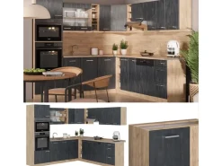 New Vicco R-Line Einbauküche in L-Form Schwarz Beton/Goldkraft Eiche 237 x 247 cm AP Anthrazit ohne E-Geräte Beton Dunkelgrau