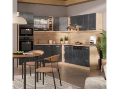New Vicco R-Line Einbauküche in L-Form Schwarz Beton/Goldkraft Eiche 237 x 247 cm AP Anthrazit ohne E-Geräte Beton Dunkelgrau