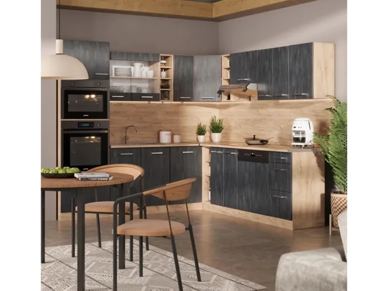 New Vicco R-Line Einbauküche in L-Form Schwarz Beton/Goldkraft Eiche 237 x 247 cm AP Anthrazit ohne E-Geräte Beton Dunkelgrau