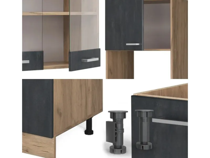 New Vicco R-Line Einbauküche in L-Form Schwarz Beton/Goldkraft Eiche 237 x 247 cm AP Anthrazit ohne E-Geräte Beton Dunkelgrau