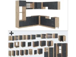New Vicco R-Line Einbauküche in L-Form Schwarz Beton/Goldkraft Eiche 237 x 247 cm AP Anthrazit ohne E-Geräte Beton Dunkelgrau
