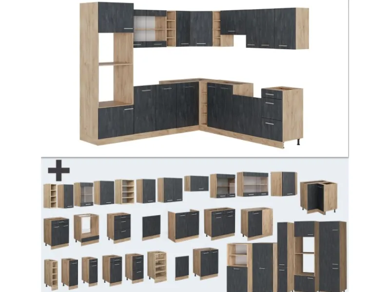 New Vicco R-Line Einbauküche in L-Form Schwarz Beton/Goldkraft Eiche 237 x 247 cm AP Anthrazit ohne E-Geräte Beton Dunkelgrau