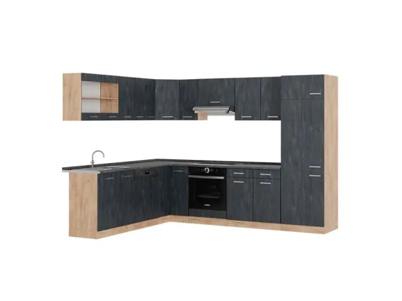 Best Vicco R-Line Einbauküche in L-Form Schwarz Beton/Goldkraft Eiche 227 x 287 cm AP Anthrazit ohne E-Geräte Beton Dunkelgrau